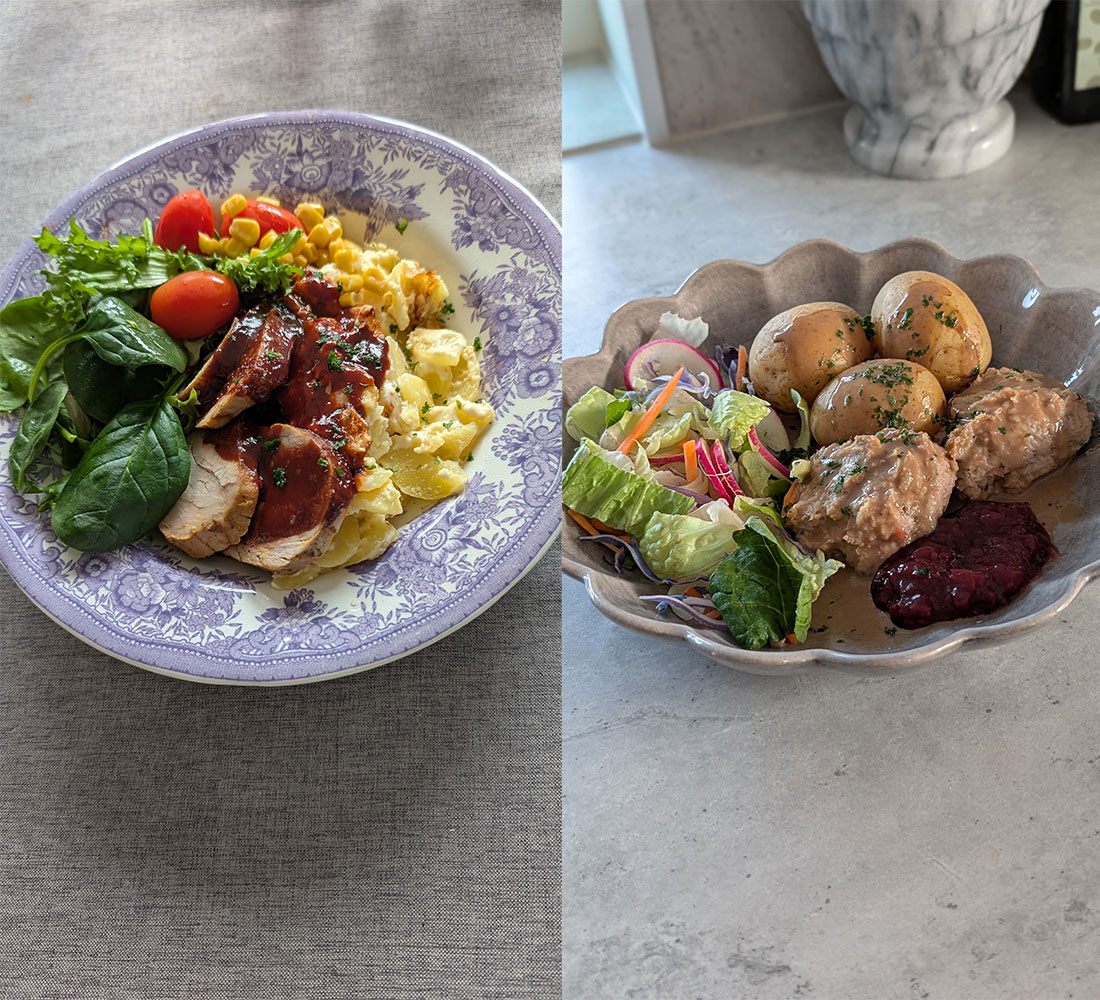 Två tallrikar med hemlagad, näringsrik husmanskost och sallad.